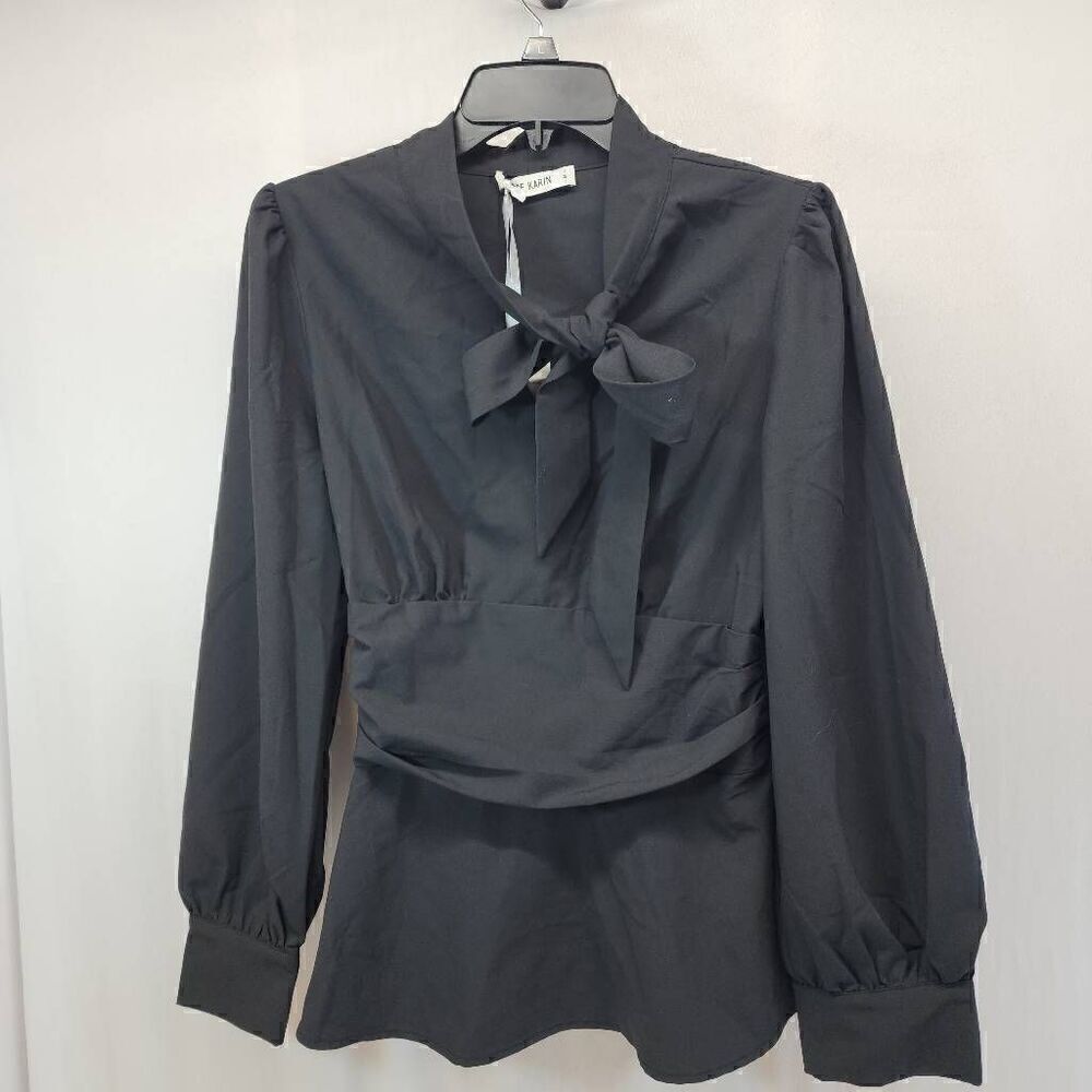GRACE KARIN Women's  Size M Office Bow Tie Blouse Puff Sleeve Peplum Dressy Shir